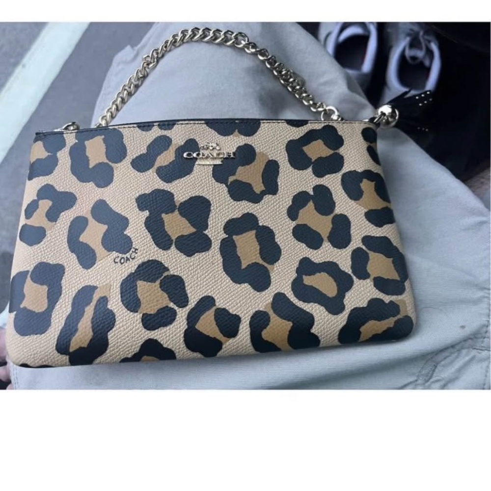 Coach Leopard Print Chain Wristlet Tan Black